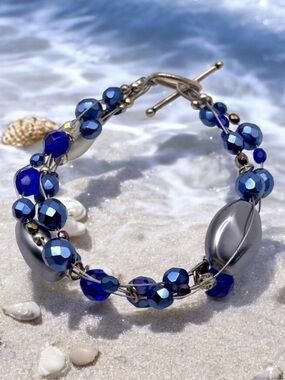 Beautiful Shades of Blue Beads and Sterling Silver Wire Bracelet